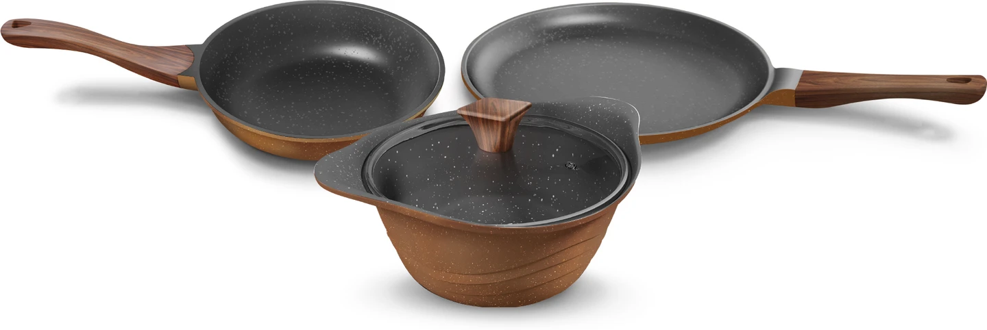 Preethi Artistic Collection Die Cast Non Stick Set , 27 cm Tawa, 24 cm Fry Pan, Kadai 24 cm With Glass Lid