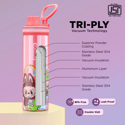 Pexpo Texas Thermo Steel Bottle | Tri-Ply Vacuum Insulated Hot & Cold Flask | For School - Pink Doll Print - Alternate View