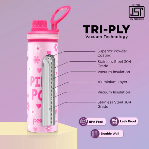 Pexpo Texas Thermo Steel Bottle | Tri-Ply Vacuum Insulated Hot & Cold Flask | For School - Pink Flower Print - Alternate View
