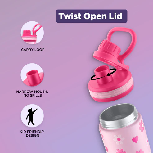 Pexpo Texas Thermo Steel Bottle | Tri-Ply Vacuum Insulated Hot & Cold Flask | For School - Pink Flower Print - Detail View