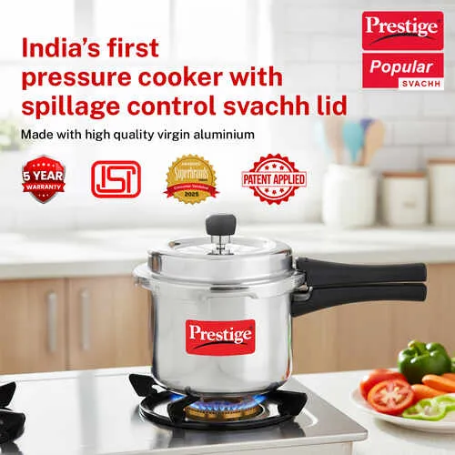 Prestige 3 Litre Aluminium Popular Svachh Outer Lid Pressure Cooker | Deep Lid for Spillage Control | Anti-Bulge Base | Gasket Release System