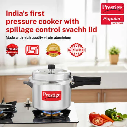 Prestige 5 Litre Aluminium Popular Svachh Outer Lid Pressure Cooker | Deep Lid for Spillage Control | Anti-Bulge Base | Gasket Release System
