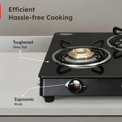Prestige Magic plus Toughened Glass-Top(Long)4 Brass Burner LPG Gas Stove (GTMP-04L)| Black Spill Proof Design | Ergonomic Knob | Tri-Pin Burner - Detail View