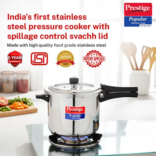 SKU 20173 Prestige Popular Svachh Spillage Control Stainless Steel Pressure Cooker, 5 L (Silver) - Alternate View