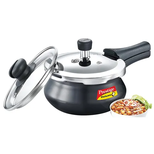 Prestige Deluxe Duo Plus Hard Anodised Gas and Induction Compatible Pressure Handi with Glass Lid, 1.5 L (Black)
