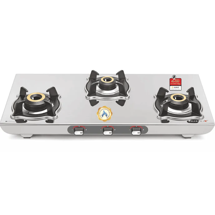Sujata Cooktop Sterno, 3 Burner Manual Stainless Steel Glossy SS Body Gas Stove (Silver)