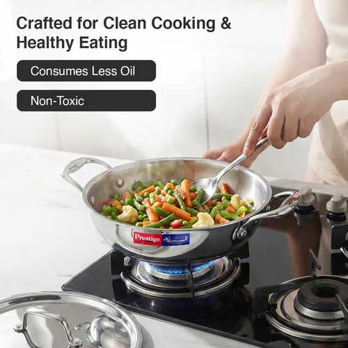 Prestige 22cm/2.1L Tri-Ply Stainless Steel Splendid Kadai with Lid|Gas and Induction Compatible|Even Heat Distribution| Thick Gauge Tri-Ply Body| Perma Cool Handles - Detail View