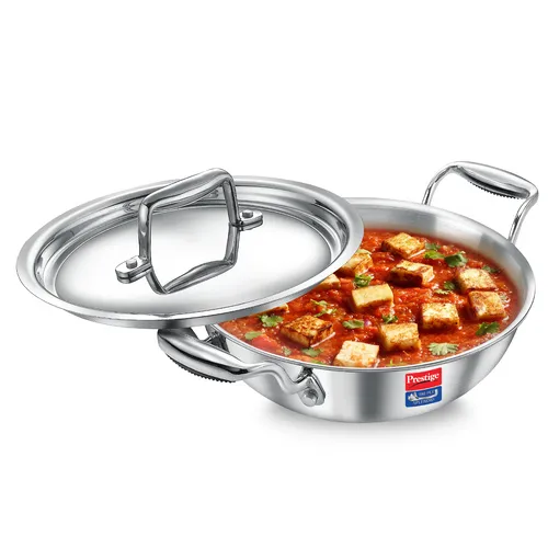 Prestige 22cm/2.1L Tri-Ply Stainless Steel Splendid Kadai with Lid|Gas and Induction Compatible|Even Heat Distribution| Thick Gauge Tri-Ply Body| Perma Cool Handles