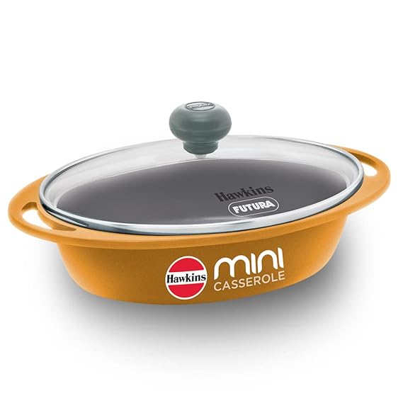 Hawkins 0.75 Litre Mini Casserole with Glass Lid, Oval Shaped Die-Cast pan for Cooking, Reheating, Serving and Storing, Yellow (DCY75G)