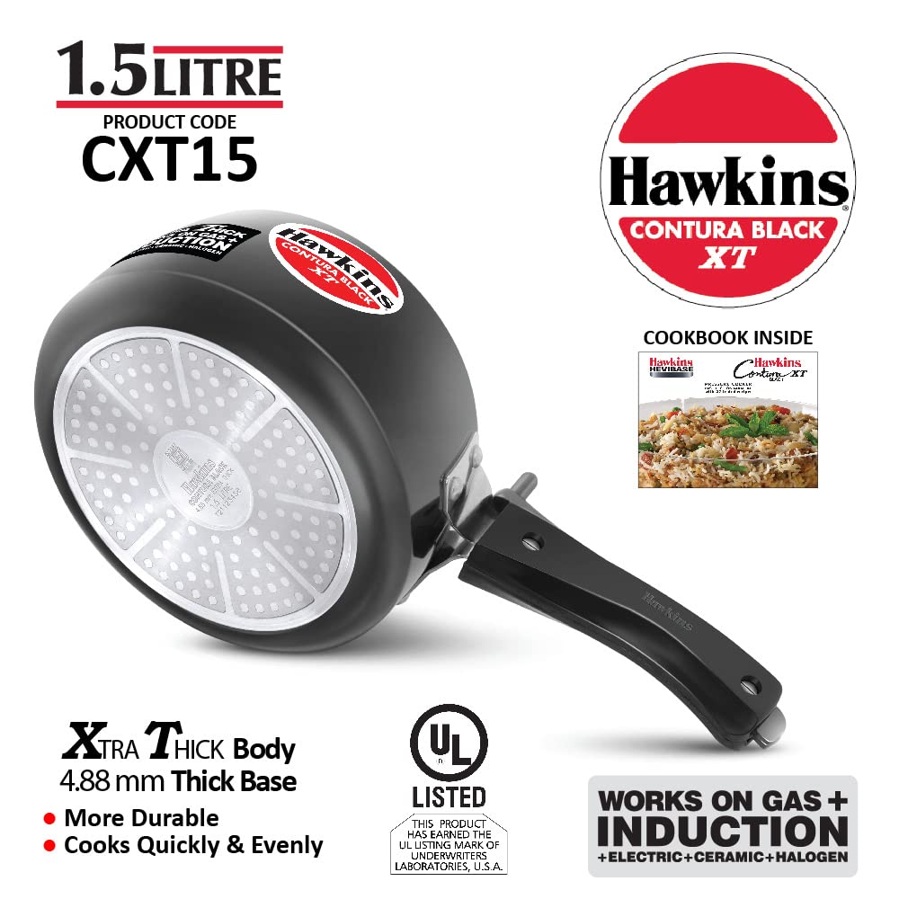 Hawkins 1.5 Litre Contura Black XT Pressure Cooker, Small Induction Cooker, Extra Thick Handi Cooker, Black (CXT15) - Alternate View