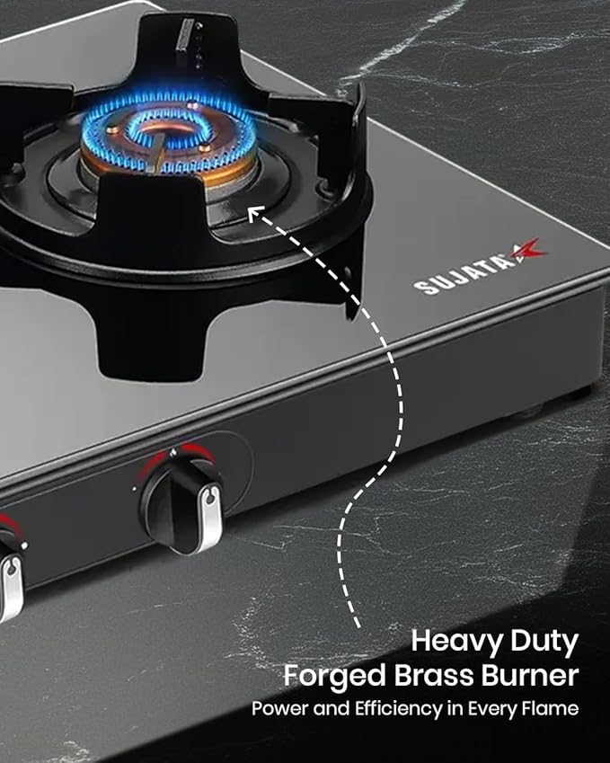 Sujata Deluxe Gas Stove | 9 Years Warranty | 3 Burner Gas Stove Glass Top, Stove 3 Burner, Manual Ignition, SABAF, ISI Certified, LPG & PNG Compatible, Jumbo Brass Burner (Black) - Detail View