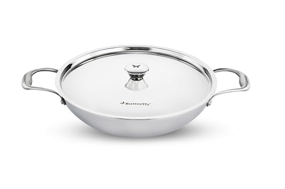 Butterfly Stainless Steel Tez Triply Kadai with Lid,20cm,1.5 LTR