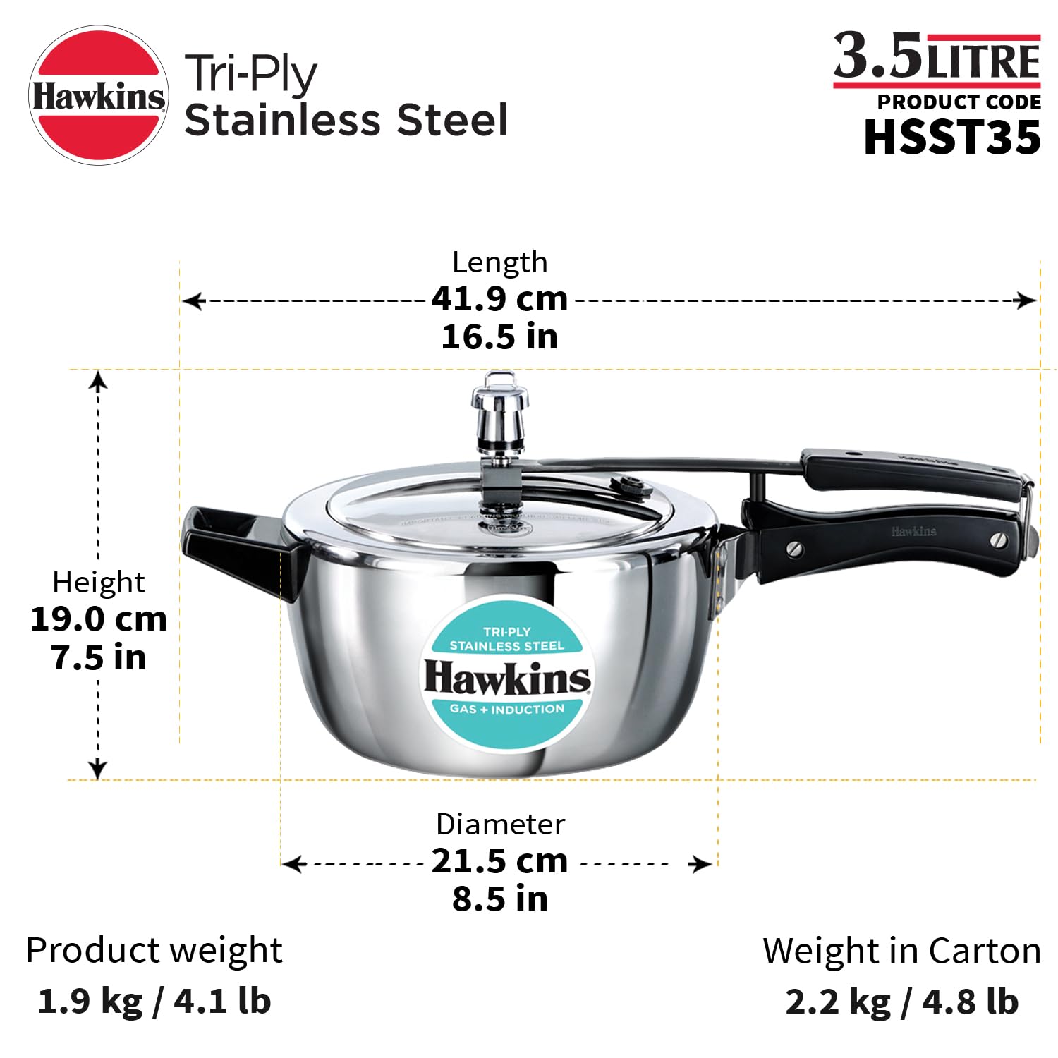 Hawkins 3.5 Litre Triply Stainless Steel Pressure Cooker, Inner Lid Cooker, Silver (HSST35) - Detail View