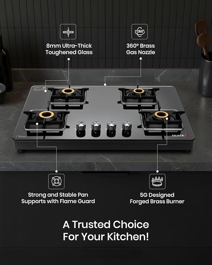 Sujata Premium Gas Stove 4 Burners Glass Top | 9 Years Warranty | Gas Stove with Jumbo Brass Burners | SABAF Technology | ISI Certified | LPG & PNG Compatible | 360° Rotating Brass Nozzle (Black) - Detail View