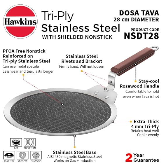 Induction Compatible SS Tri-ply Dosa Tava with Shielded Nonstick 28 cm (NSDT28) - Detail View