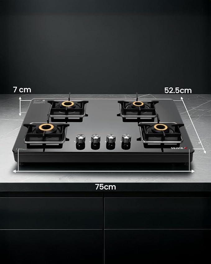 Sujata Premium Gas Stove 4 Burners Glass Top | 9 Years Warranty | Gas Stove with Jumbo Brass Burners | SABAF Technology | ISI Certified | LPG & PNG Compatible | 360° Rotating Brass Nozzle (Black) - Alternate View