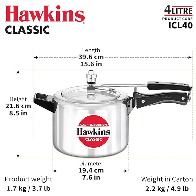 Hawkins Aluminium 4 Litre Classic Pressure Cooker, Induction Inner Lid Cooker, Silver (Icl40) - Detail View