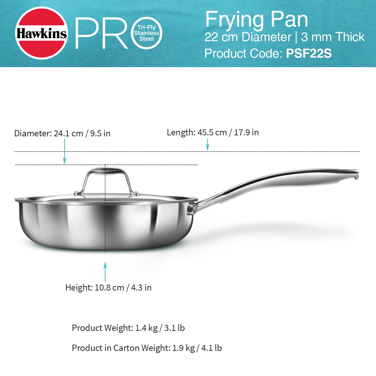 Hawkins Pro 22 cm Frying Pan, Triply Stainless Steel Fry Pan with Stainless Steel Handle and Stainless Steel Lid, Silver (PSF22S) - Detail View
