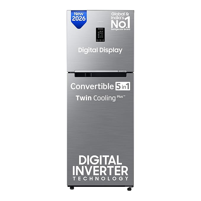 Samsung 301 L, 2 Star, Convertible 5-in-1 Digital Inverter with Display Frost Free Double Door Refrigerator (RT31H4522S9/HL, Silver, Refined Inox