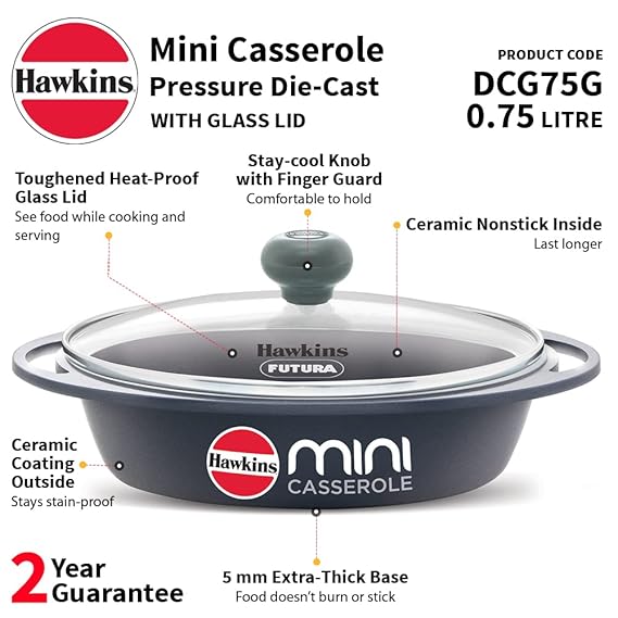 Hawkins 0.75 Litre Mini Casserole with Glass Lid, Oval Shaped Die-Cast pan for Cooking, Reheating, Serving and Storing, Grey (DCG75G) - Alternate View