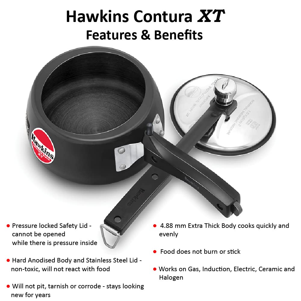 Hawkins 1.5 Litre Contura Black XT Pressure Cooker, Small Induction Cooker, Extra Thick Handi Cooker, Black (CXT15) - Detail View