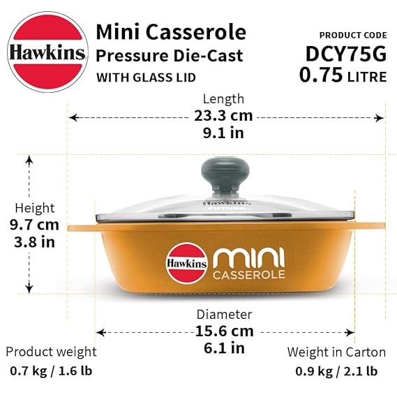 Hawkins 0.75 Litre Mini Casserole with Glass Lid, Oval Shaped Die-Cast pan for Cooking, Reheating, Serving and Storing, Yellow (DCY75G) - Detail View