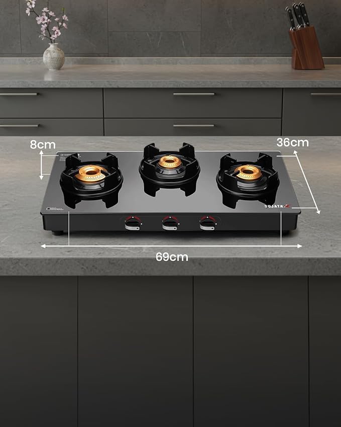 Sujata Deluxe Gas Stove | 9 Years Warranty | 3 Burner Gas Stove Glass Top, Stove 3 Burner, Manual Ignition, SABAF, ISI Certified, LPG & PNG Compatible, Jumbo Brass Burner (Black) - Alternate View