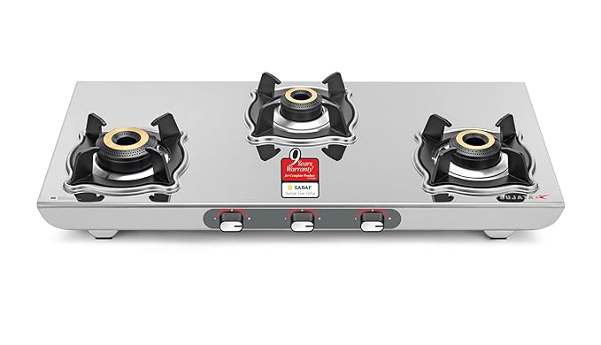 Sujata Majestic Manual Ignition Gas Stove | 9 Years Warranty | Stove 3 Burner, Gas Stove 3 Burners Steel, SABAF, ISI Certified, LPG & PNG Compatible, Jumbo Brass Burners (Stainless Steel)