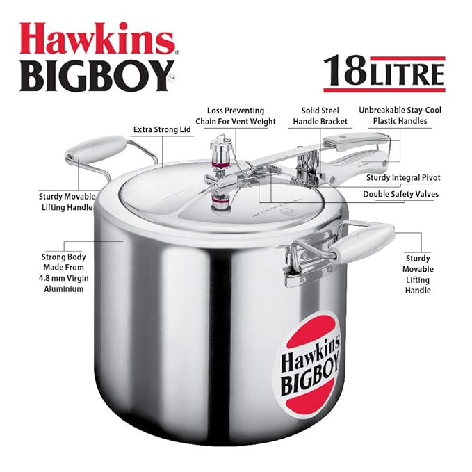 Hawkins 18 Litre Bigboy Pressure Cooker, Big Inner Lid Cooker, Silver (BB18), Aluminium - Alternate View
