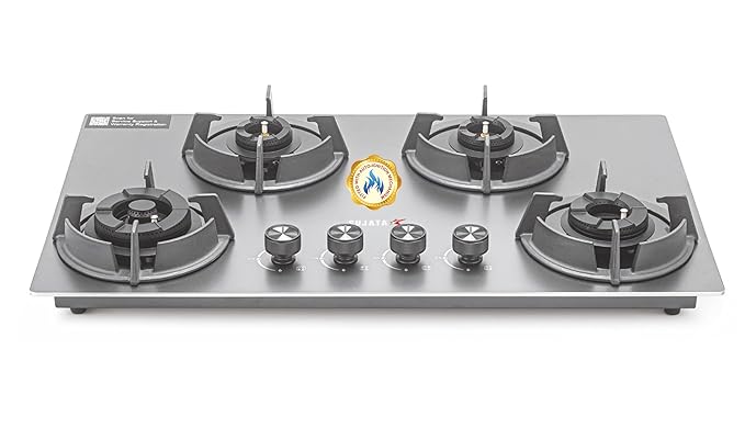 Sujata Gas Stove 4 Burners | 5 Years Warranty | 4 Burner Gas Stove Stainless Steel Auto Ignition, CookTop cum Hob Top, LPG Ready & PNG Compatible, Brass Burner (Osmium - 4 Burner Auto Ignition)