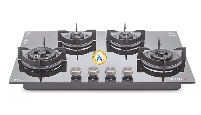Sujata Hob Gas Stove 4 Burners Glass Top | 5 Years Warranty | 4 Burner Gas Stove Glass Top Auto Ignition, CookTop cum Hob Top, LPG & PNG Compatible, Brass Burner (Indium Auto Ignition - Black)