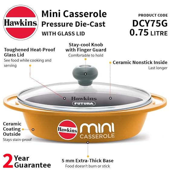 Hawkins 0.75 Litre Mini Casserole with Glass Lid, Oval Shaped Die-Cast pan for Cooking, Reheating, Serving and Storing, Yellow (DCY75G) - Alternate View