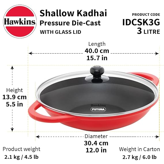 Hawkins 3 Litre Shallow Kadhai, Die Cast Non Stick Frying Pan with Glass Lid, Ceramic Coated Pan, Induction Shallow Frying Pan, Red (IDCSK3G) - Detail View