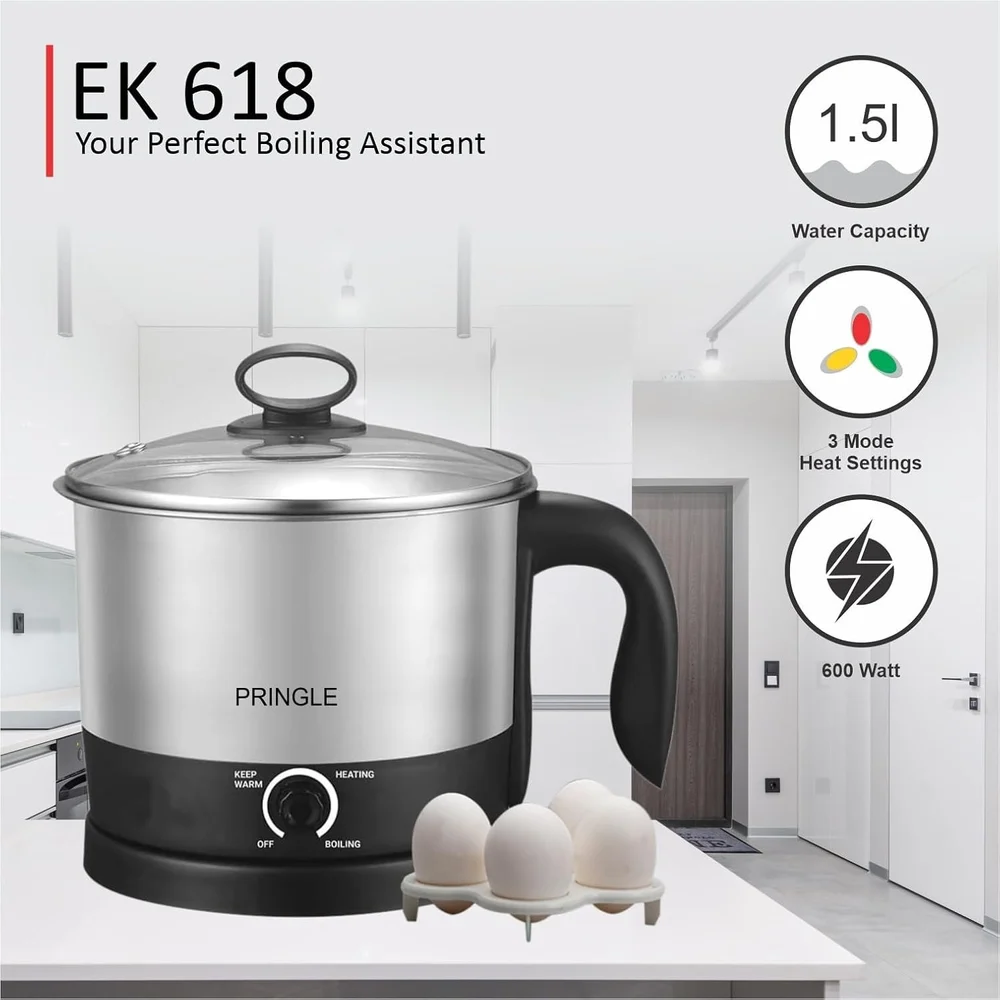 Pringle Cordless Electric Kettle | Superfast Boiling | 1.2 Litres | EK-618 Multi Cooker - Detail View