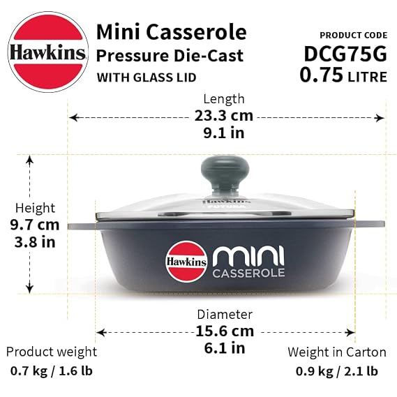 Hawkins 0.75 Litre Mini Casserole with Glass Lid, Oval Shaped Die-Cast pan for Cooking, Reheating, Serving and Storing, Grey (DCG75G) - Detail View