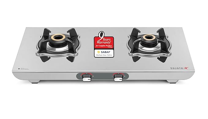 Sujata Majestic Manual Ignition Gas Stove | 9 Years Warranty | Gas Stove 2 Burners Steel, Stove 2 Burner, SABAF, ISI Certified, LPG & PNG Compatible, Brass Burner (Stainless Steel)