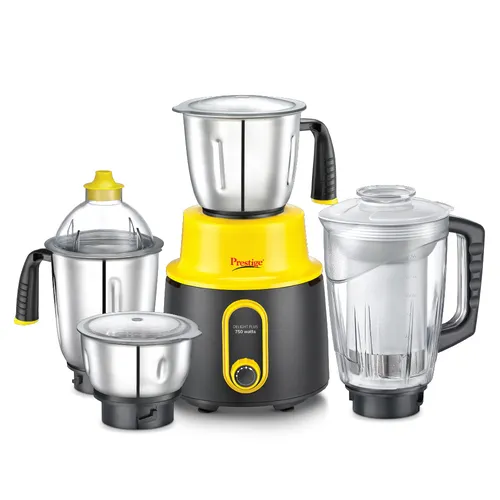 Prestige 750 Watts Delight Plus Mixer Grinder with 4 Jars (3 Stainless Steel Jars + 1 Juicer Jar)| Sturdy Handles| Superior-Grade ABS Body| Yellow and Black