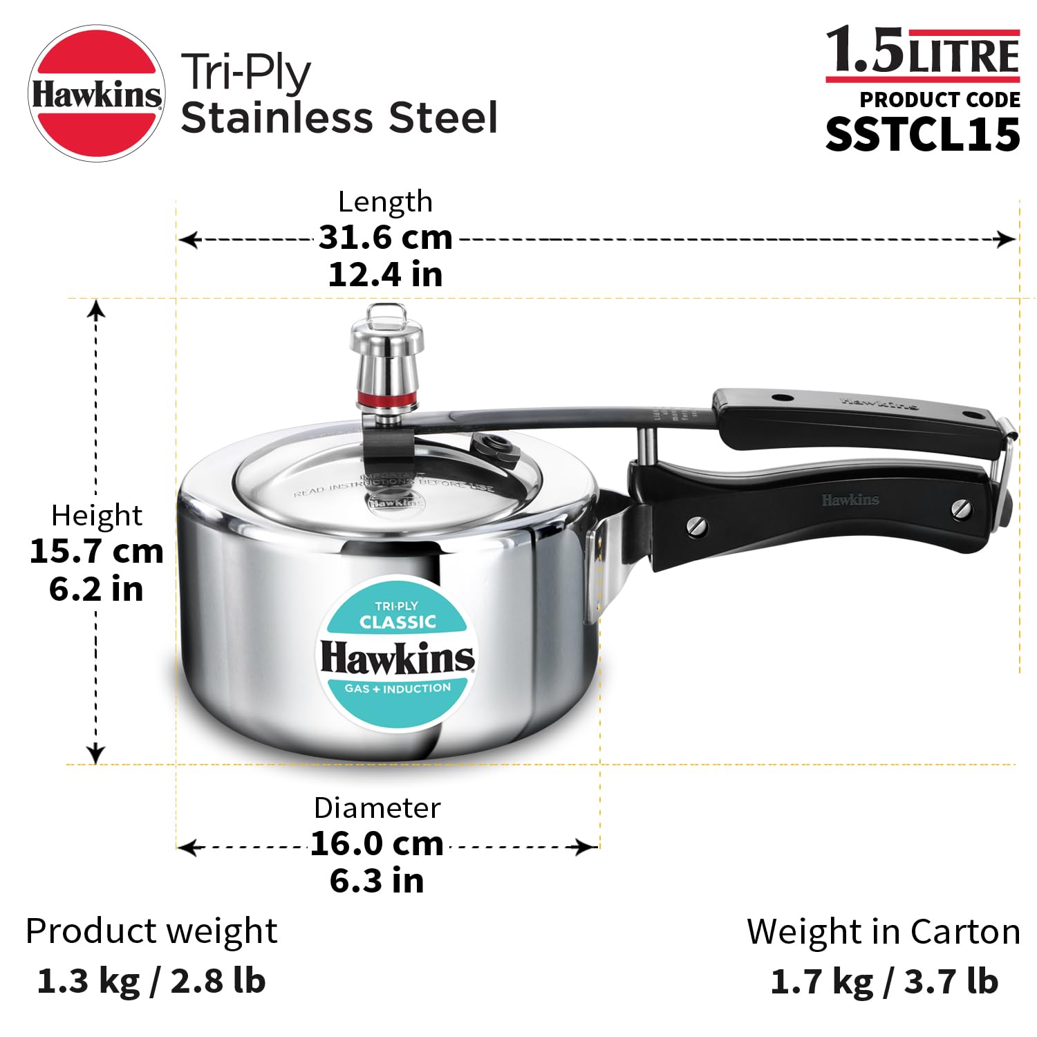 Hawkins Classic 1.5 Litre Triply Stainless Steel Pressure Cooker - Detail View