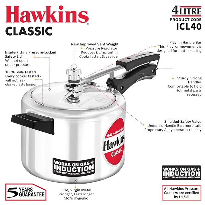 Hawkins Aluminium 4 Litre Classic Pressure Cooker, Induction Inner Lid Cooker, Silver (Icl40) - Alternate View