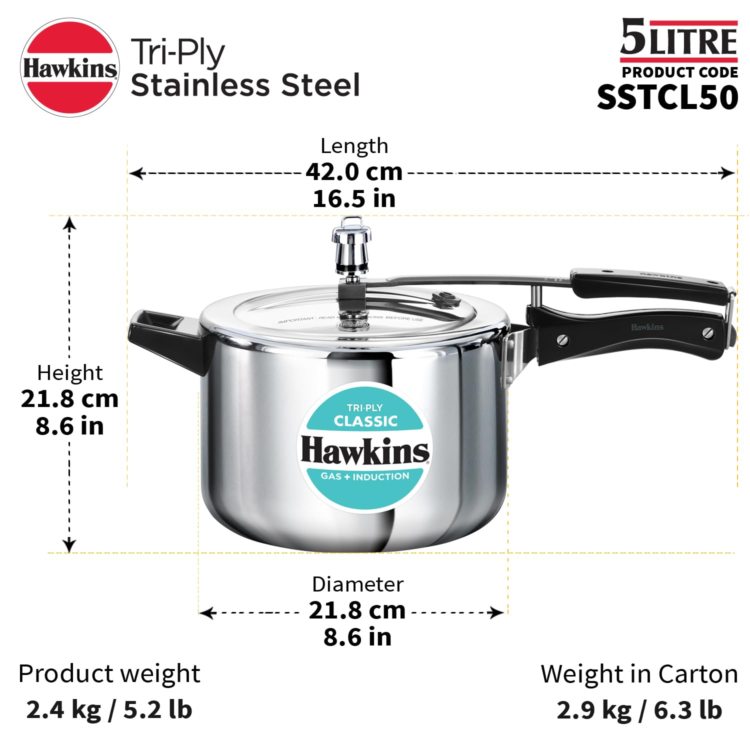 Hawkins Classic Tri-Ply Stainless Steel 5 Litre (SSTCL50) - Detail View