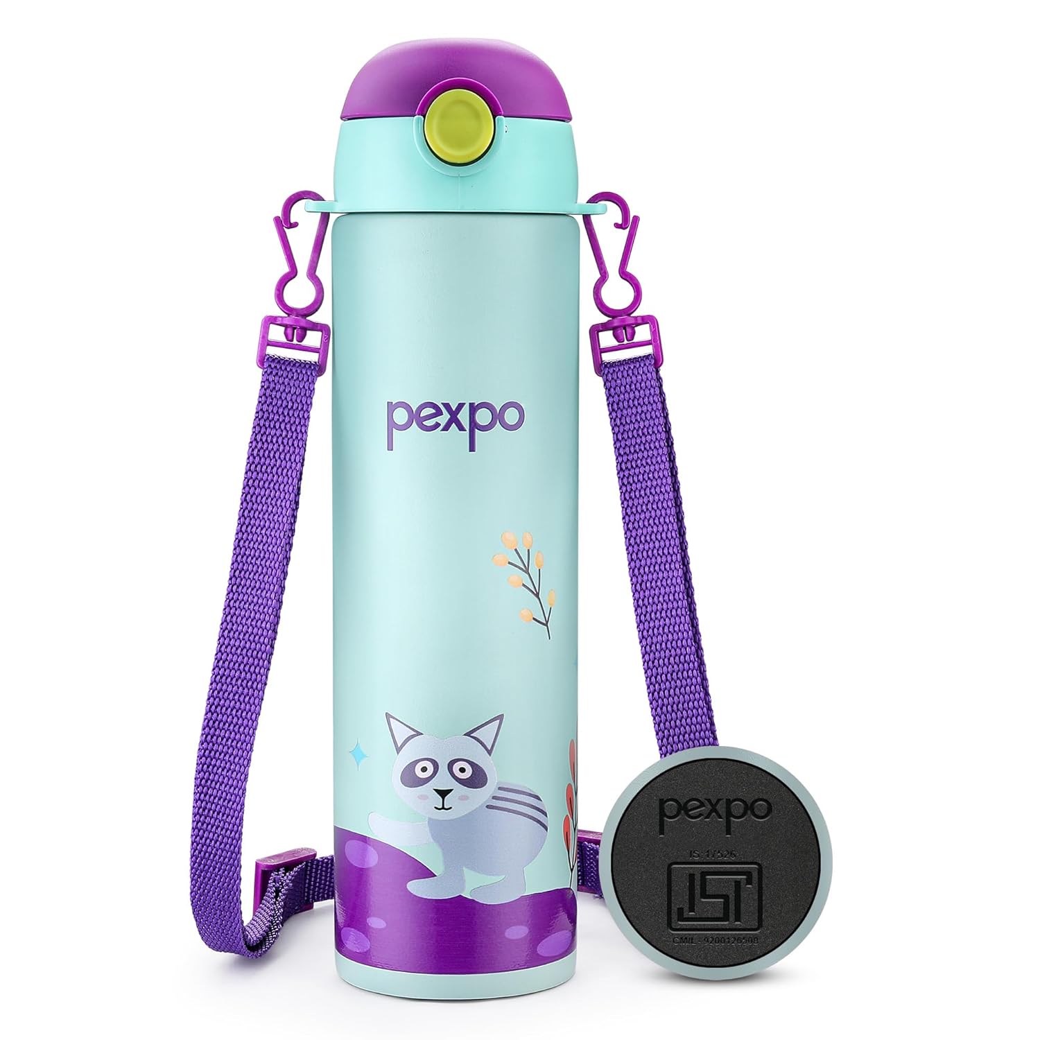 Go24 pexpo Pixy 500 ISI Certified Stainless Steel Water Bottle for School Kids - 470ml | Double Wall | Hot & Cold Vacuum Insulated Flask | 4+ Years Kids | School, Picnic - Sea Green Raccoon Print