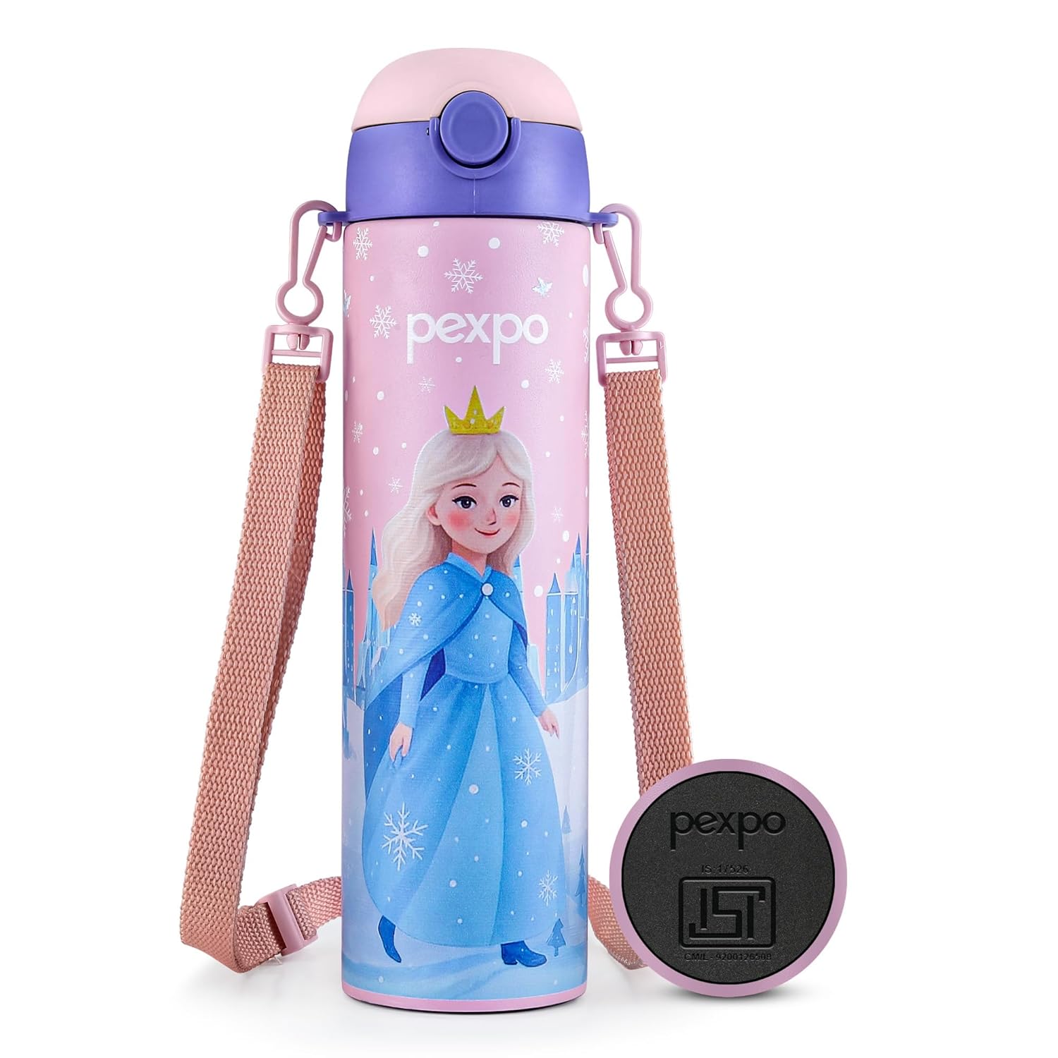 Go24 pexpo Pixy 500 ISI Certified Stainless Steel Water Bottle for School Kids - 470ml | Double Wall | Hot & Cold Vacuum Insulated Flask | 4+ Years Kids | School, Picnic - Pink Frozen Doll Print