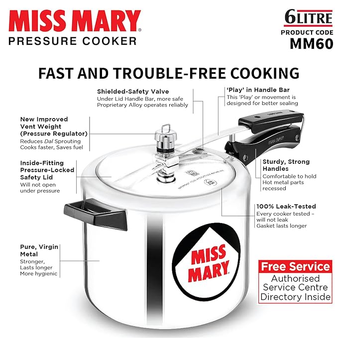 Hawkins Aluminium 6 Litre Miss Mary Pressure Cooker, Inner Lid Cooker, Silver (Mm60) - Alternate View