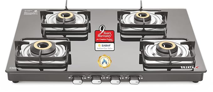 Sujata Gas Stove 4 Burner | Classic Gas Stove Auto Ignition | 9 Years Warranty | Gas Stove 4 Burners Glass Top | SABAF, ISI Certified, LPG & PNG Compatible, Jumbo Brass Burner (Black Colour)