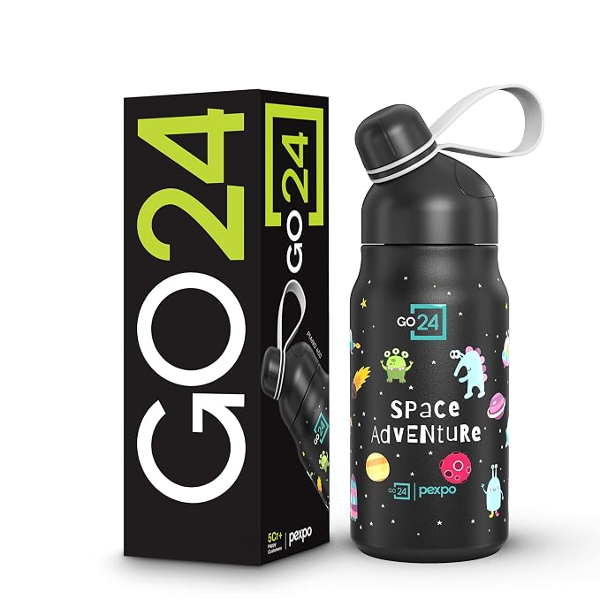 Go24 pexpo Piano 450 ISI Certified Stainless Steel Water Bottle for School Kids - 420ml | 6+ Years Age |Hot & Cold | with Sipper Cap |Double Wall | for Picnic, Outing - Black Space Printed