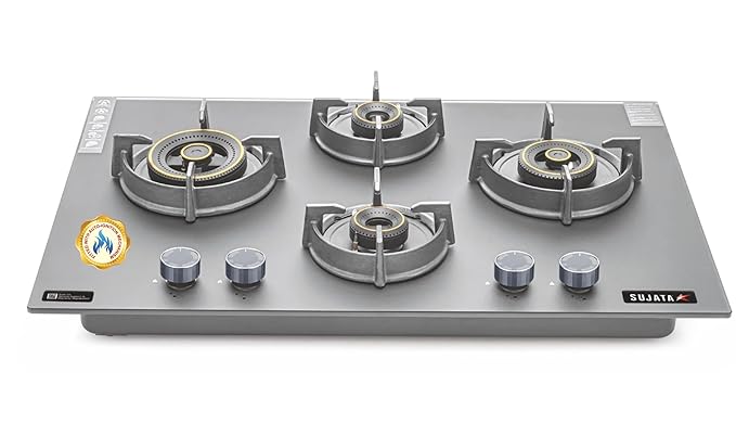 Sujata Hob Gas Stove 4 Burners Glass Top | 5 Years Warranty | 4 Burner Gas Stove Glass Top Auto Ignition, CookTop cum Hob Top, LPG & PNG Compatible, Brass Burner(Palladium FFD Auto Ignition - Black)