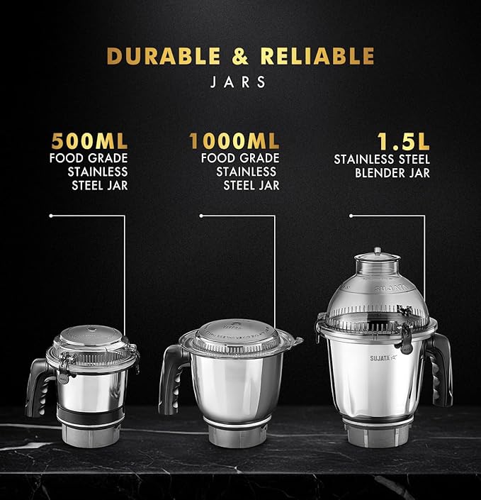 Sujata MG02 Mixer Grinder 1000Watts | Double Ball Bearing Motor|24000 RPM|Non-Stop 90 Mins Running|3 Food Grade Steel Jars including 1500ml Multipurpose, 1000ml Grinder, 500ml Chutney Jar| (Black) - Alternate View