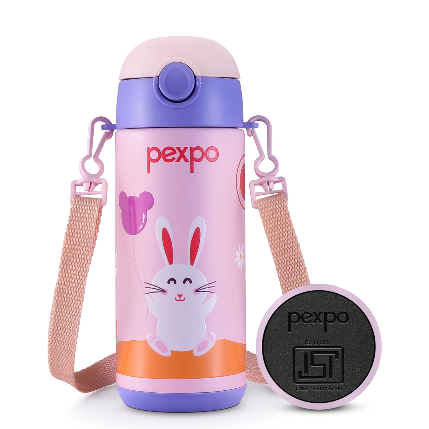Go24 pexpo Pixy ISI Certified Stainless Steel Water Bottle for School Kids - 300ml | Hot & Cold Vacuum Insulated Flask | Leak Proof | Carry Strap | School, Picnic, Sports - Baby Pink Rabbit