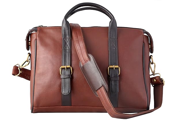 Mysa Brown Vegan Leather Slim Vintage Messenger Crossbody Satchel Shoulder Laptop Briefcase Sleeve Bags with Adjustable Strap for Office Work School Travel Fits 14" Laptop Tablet for Men Women