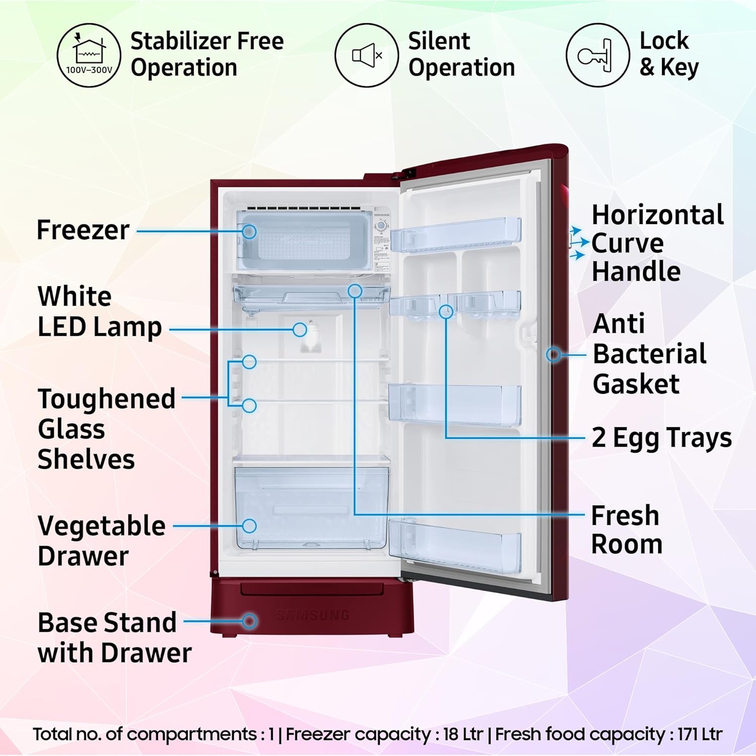 Samsung 189 L, 5 Star, Digital Inverter, Direct-Cool Single Door Refrigerator (RR21H2H25RZ/HL, Midnight Blossom Red, Base Stand Drawer, Single Touch Defrost - Detail View